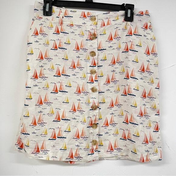 Cynthia Rowley White Orange Yellow Linen Sailboat Print Skirt M Nautical Buttons - Picture 1 of 7